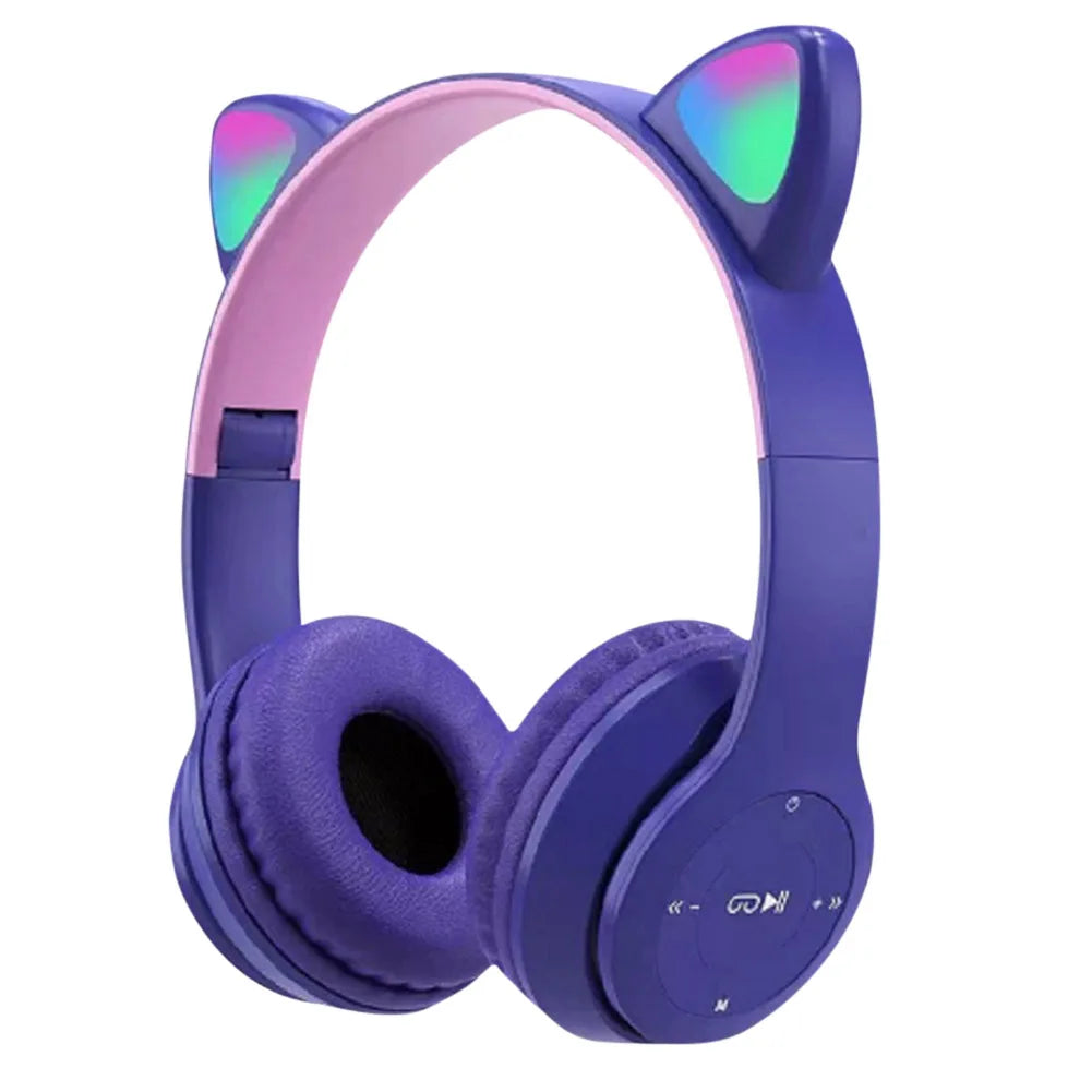 Wireless Headphones Cat Ear Bluetooth-Compatible Helmets Glow Light Over-Ear Headsets Stereo Bass Sports Headphones for PC Phone