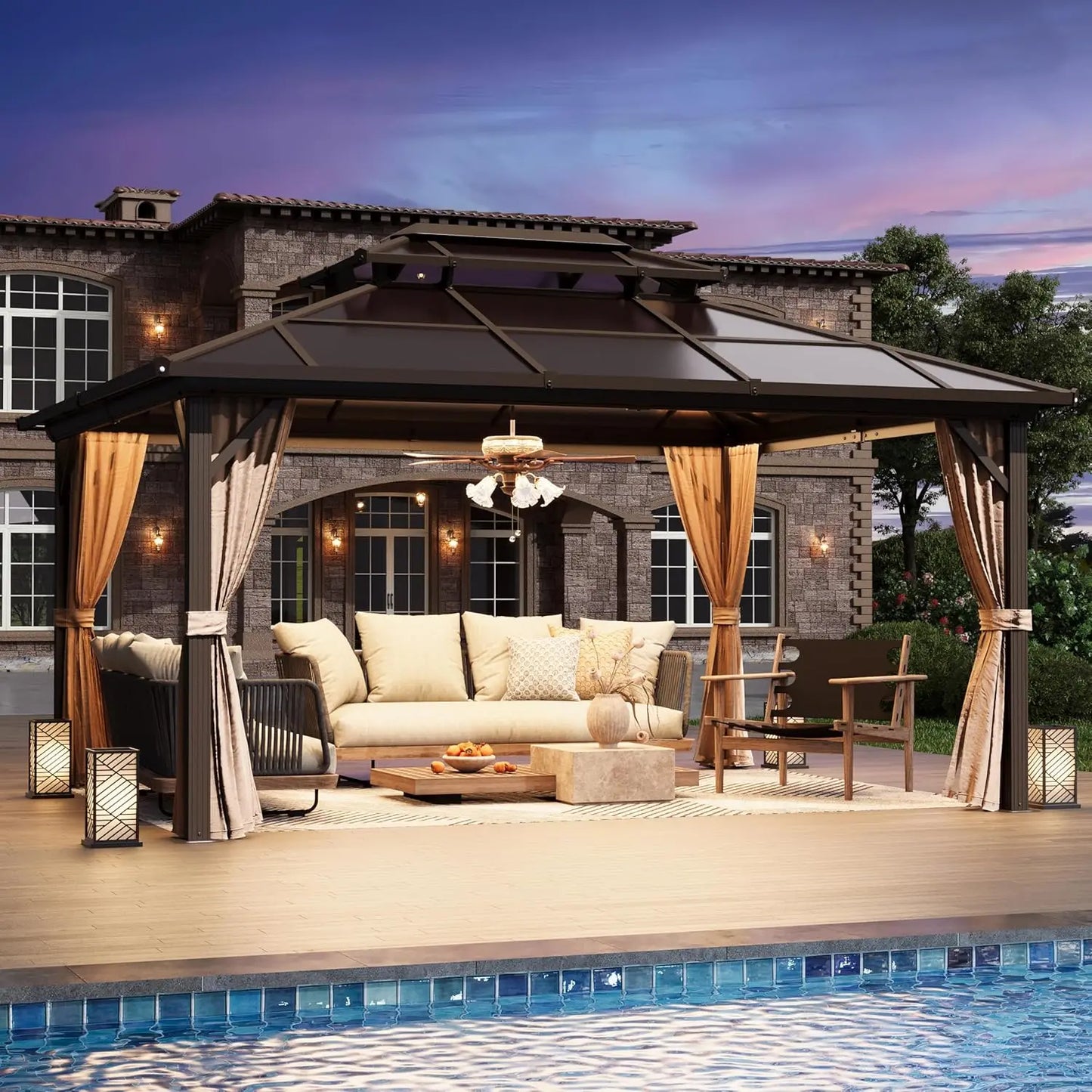 12' x 16' Gazebo Polycarbonate Double Roof Canopy Outdoor Aluminum Frame Pergola, Permanent Pavilion with Netting and Cur