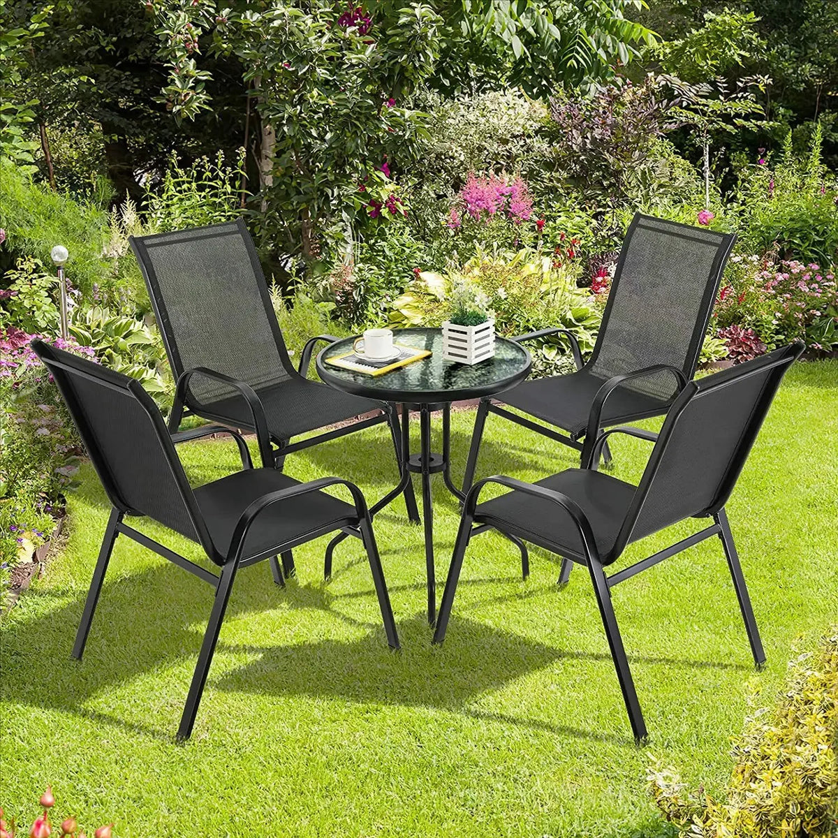 4PCS Garden Chairs Steel-iron+Teslin Fabric Folding High Back Balcony Chair Camping Chair Outdoor Seating Group Black