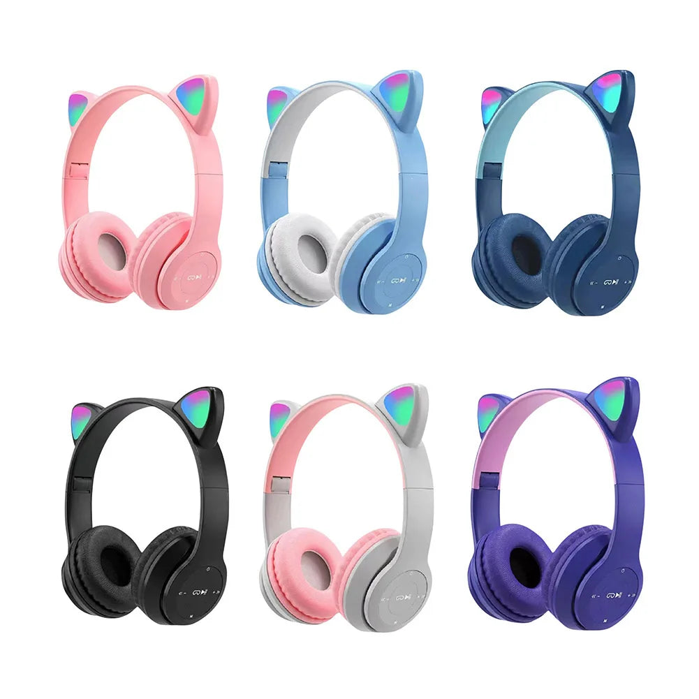 Wireless Headphones Cat Ear Bluetooth-Compatible Helmets Glow Light Over-Ear Headsets Stereo Bass Sports Headphones for PC Phone