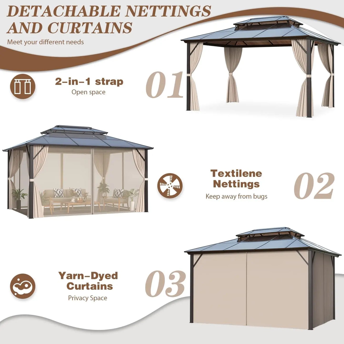 12' x 16' Gazebo Polycarbonate Double Roof Canopy Outdoor Aluminum Frame Pergola, Permanent Pavilion with Netting and Cur
