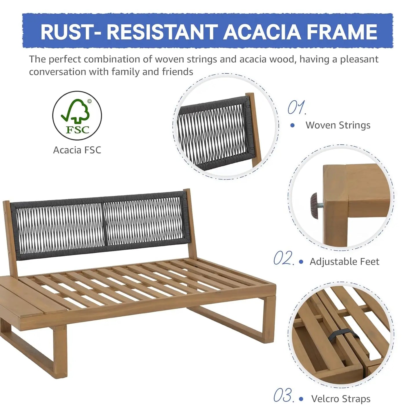 4 Piece Acacia Wood Patio Furniture L-Shaped Outdoor Sectional Sofa Set with Coffee Table, FSC Certified, Customized