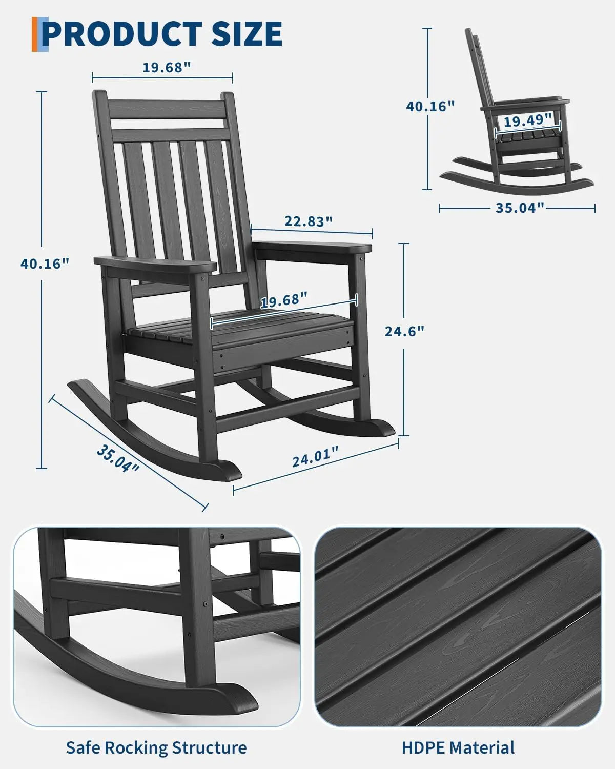Outdoor Rocking Chair, All-Weather HDPE Patio Rocking Chairs for Adults, 380lbs Weight Capacity, Ergonomic Design, for Porch