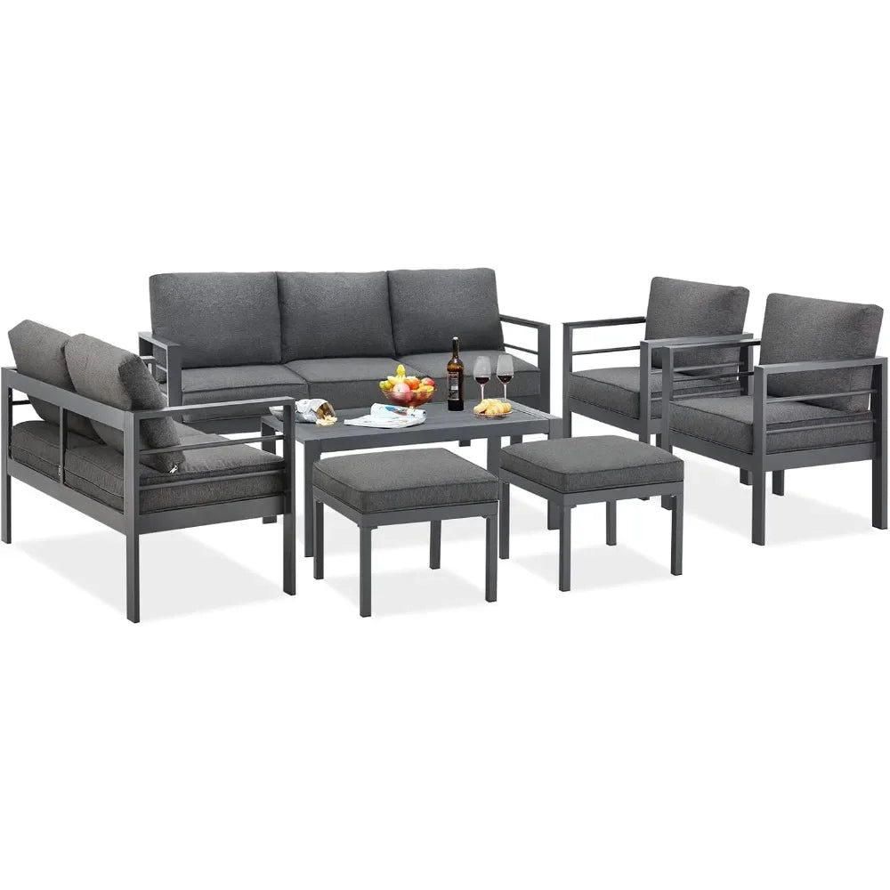 Aluminium modern patio furniture with coffee table, 7-piece outdoor conversation set, dark grey cushions, suitable for balcony