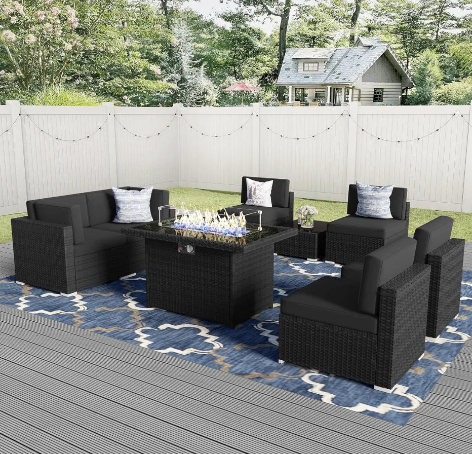 8 Pieces Patio Furniture Set with 44" Propane Gas Fire Pit Table, Outdoor Sectional Wicker Conversation Sofa Sets with Coffee Ta