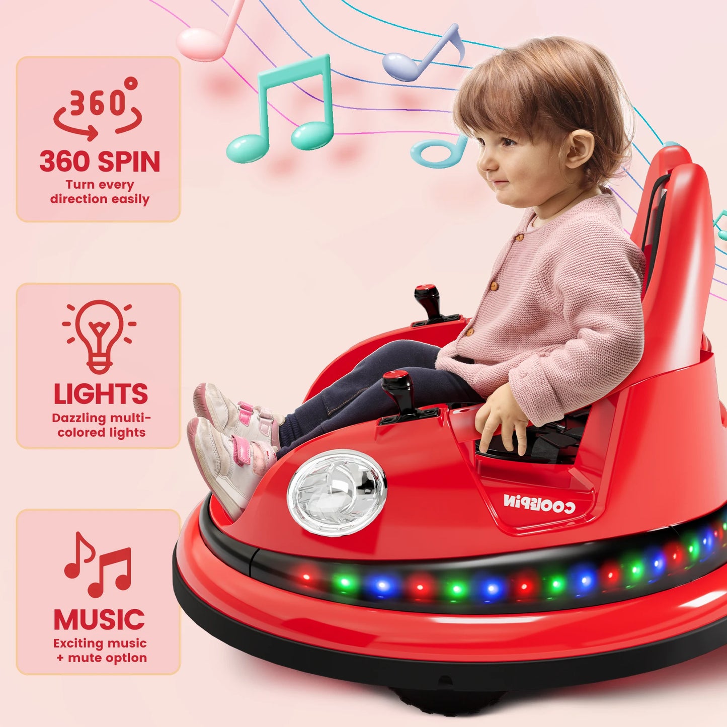 12V Bumper Car for Toddlers Electric Ride On Toys for Kids 1-6 Years LED Lights, 360 Degree Spin, Supports up to 66lbs