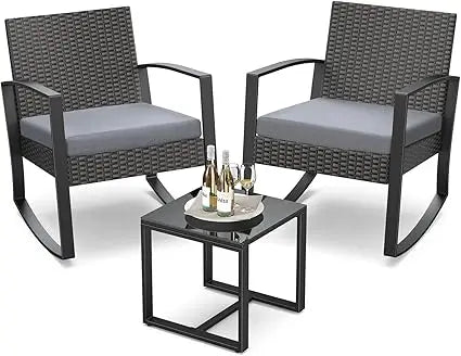 Outdoor Patio Furniture Set Rocking Bistro Set Outdoor Rattan Conversation with Coffee Table for Garden Balcony Backyard