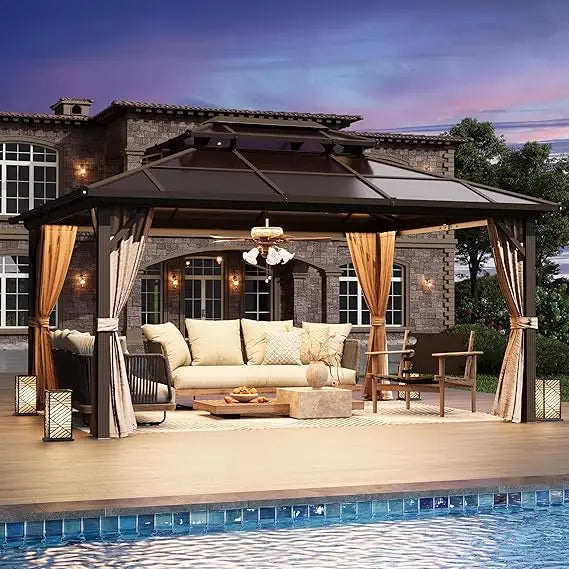 12' x 16' Gazebo Polycarbonate Double Roof Canopy Outdoor Aluminum Frame Pergola, Permanent Pavilion with Netting and Cur