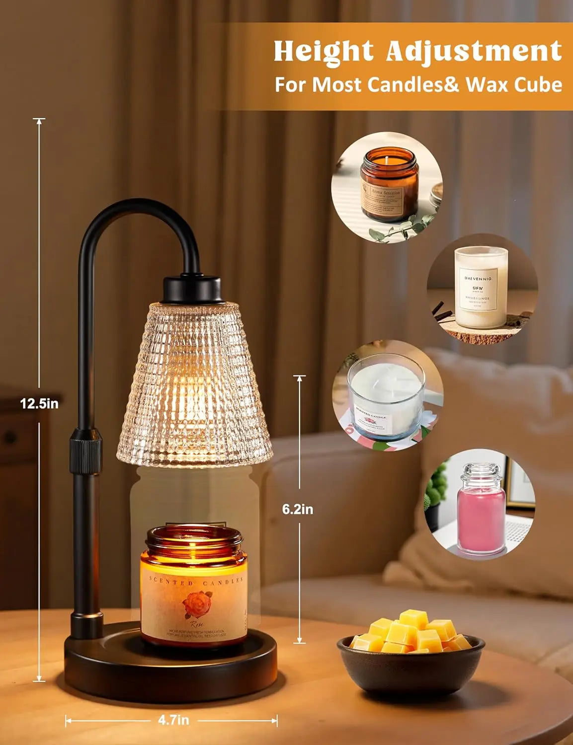 Dimmable Candle Warmer Lamp with Timer, Adjustable Height for Jar Candles, Safe Flameless Wax Melter, Home Decor Gift