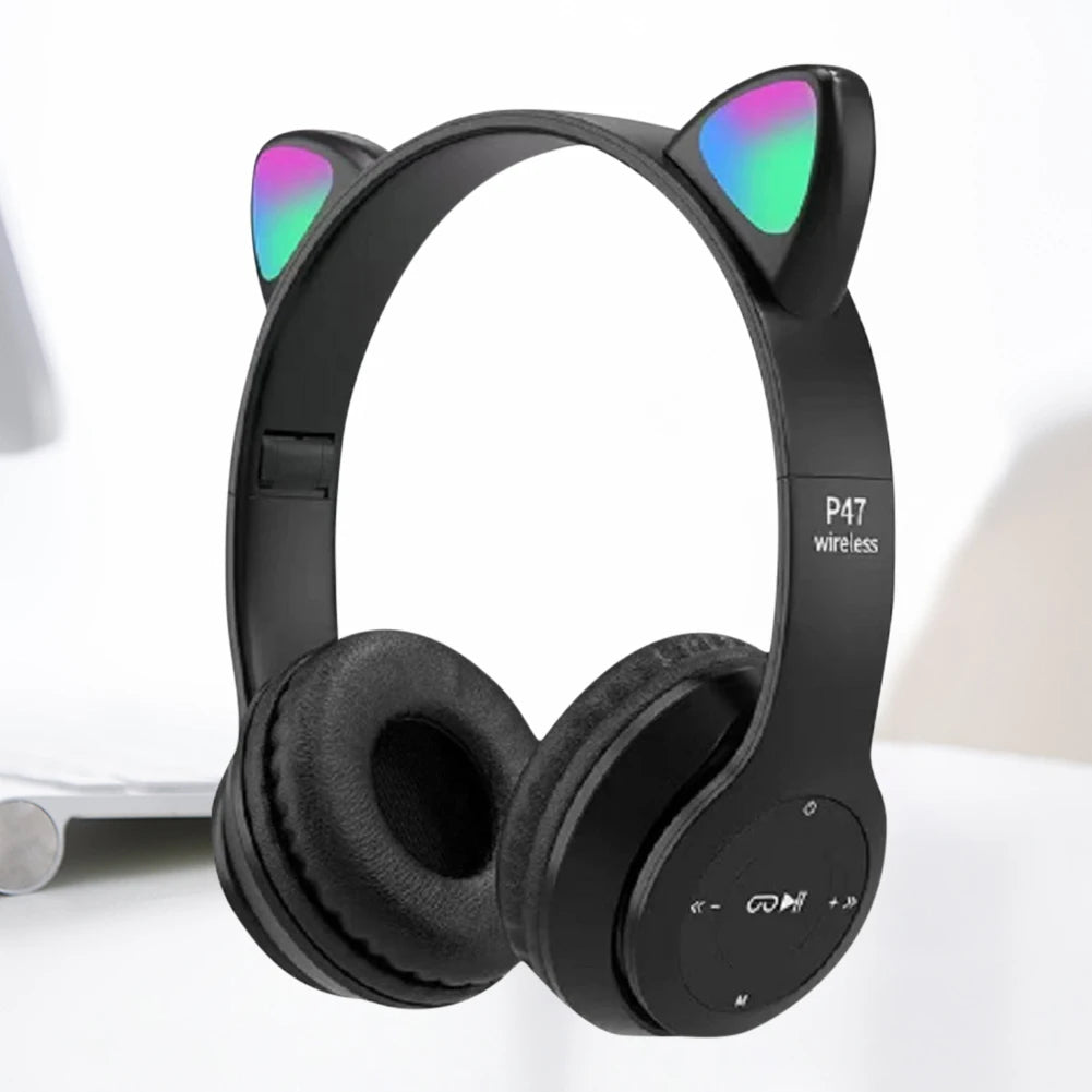Wireless Headphones Cat Ear Bluetooth-Compatible Helmets Glow Light Over-Ear Headsets Stereo Bass Sports Headphones for PC Phone