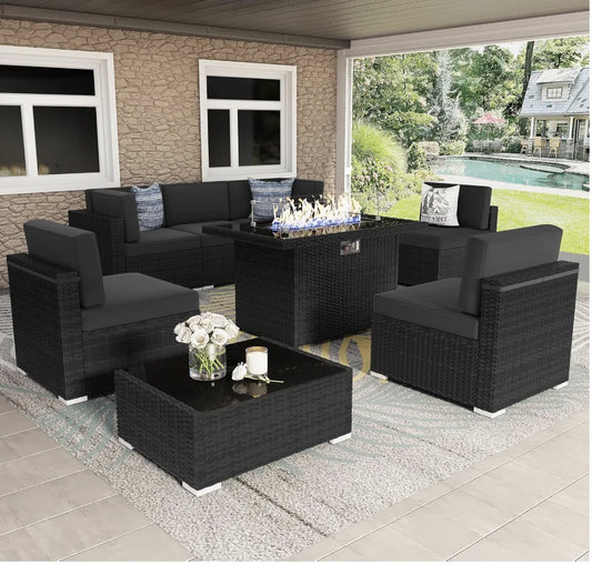 8 Pieces Patio Furniture Set with 44" Propane Gas Fire Pit Table, Outdoor Sectional Wicker Conversation Sofa Sets with Coffee Ta