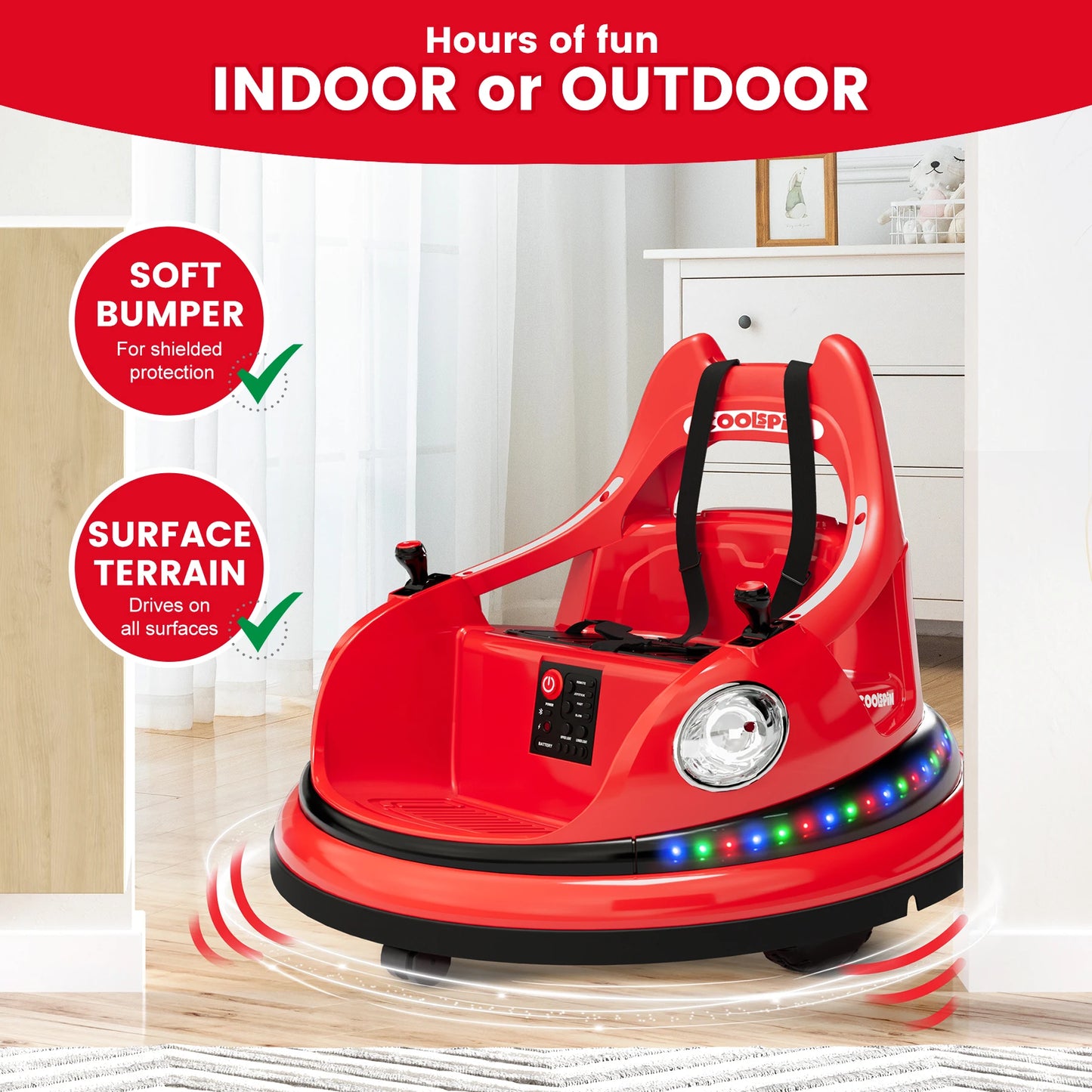 12V Bumper Car for Toddlers Electric Ride On Toys for Kids 1-6 Years LED Lights, 360 Degree Spin, Supports up to 66lbs