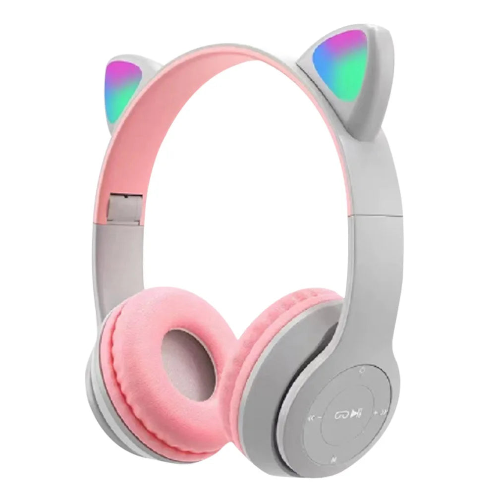 Wireless Headphones Cat Ear Bluetooth-Compatible Helmets Glow Light Over-Ear Headsets Stereo Bass Sports Headphones for PC Phone