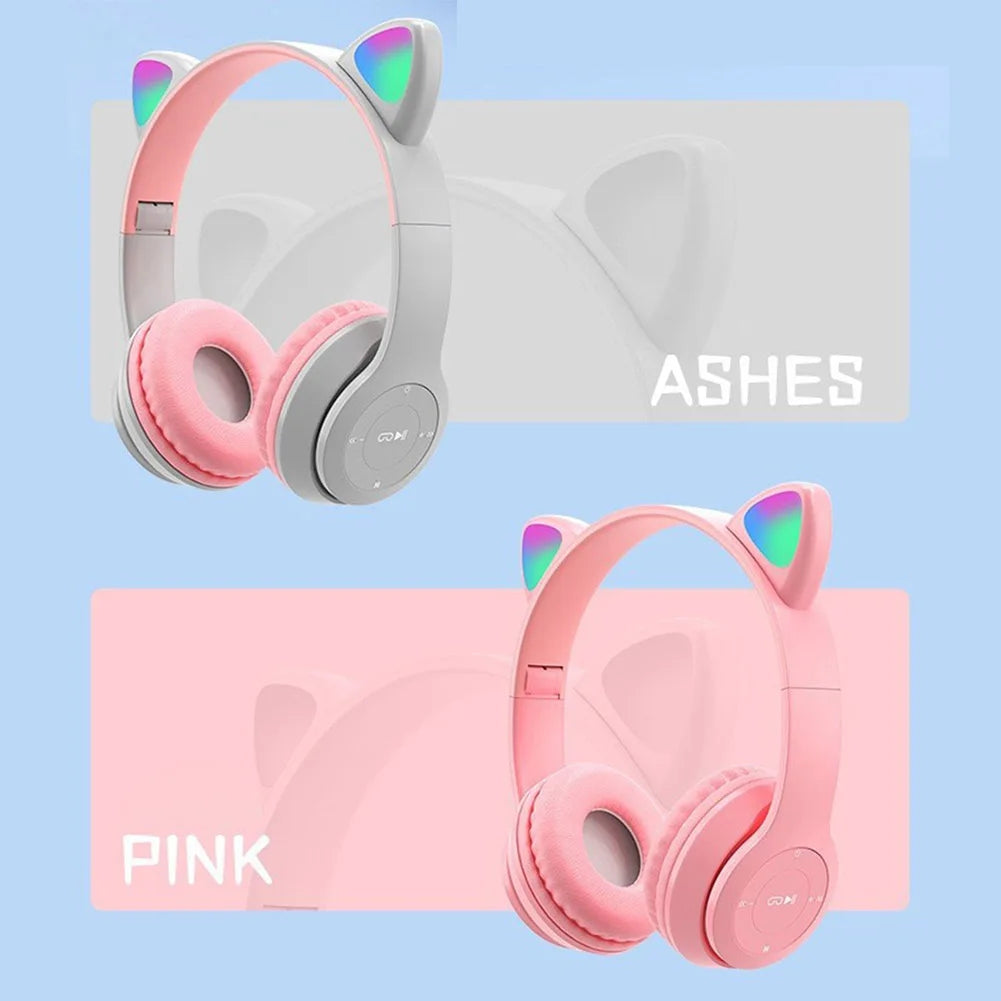 Wireless Headphones Cat Ear Bluetooth-Compatible Helmets Glow Light Over-Ear Headsets Stereo Bass Sports Headphones for PC Phone